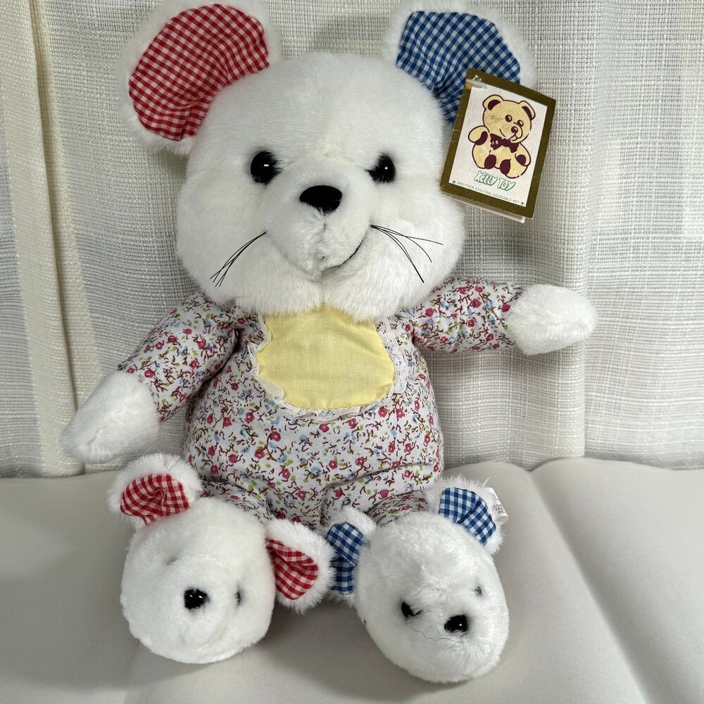 Vtg White Mouse Plush‎ W/ Bear Slippers & Floral Gingham Pajamas Stuffed Animal